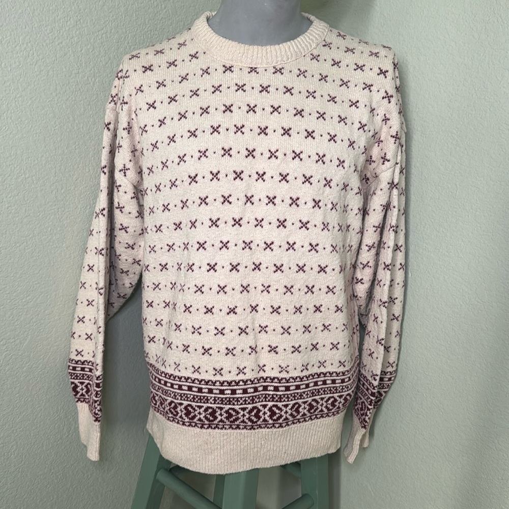 Vintage Cape Isle Knitters Cream & Maroon Knit Sweater